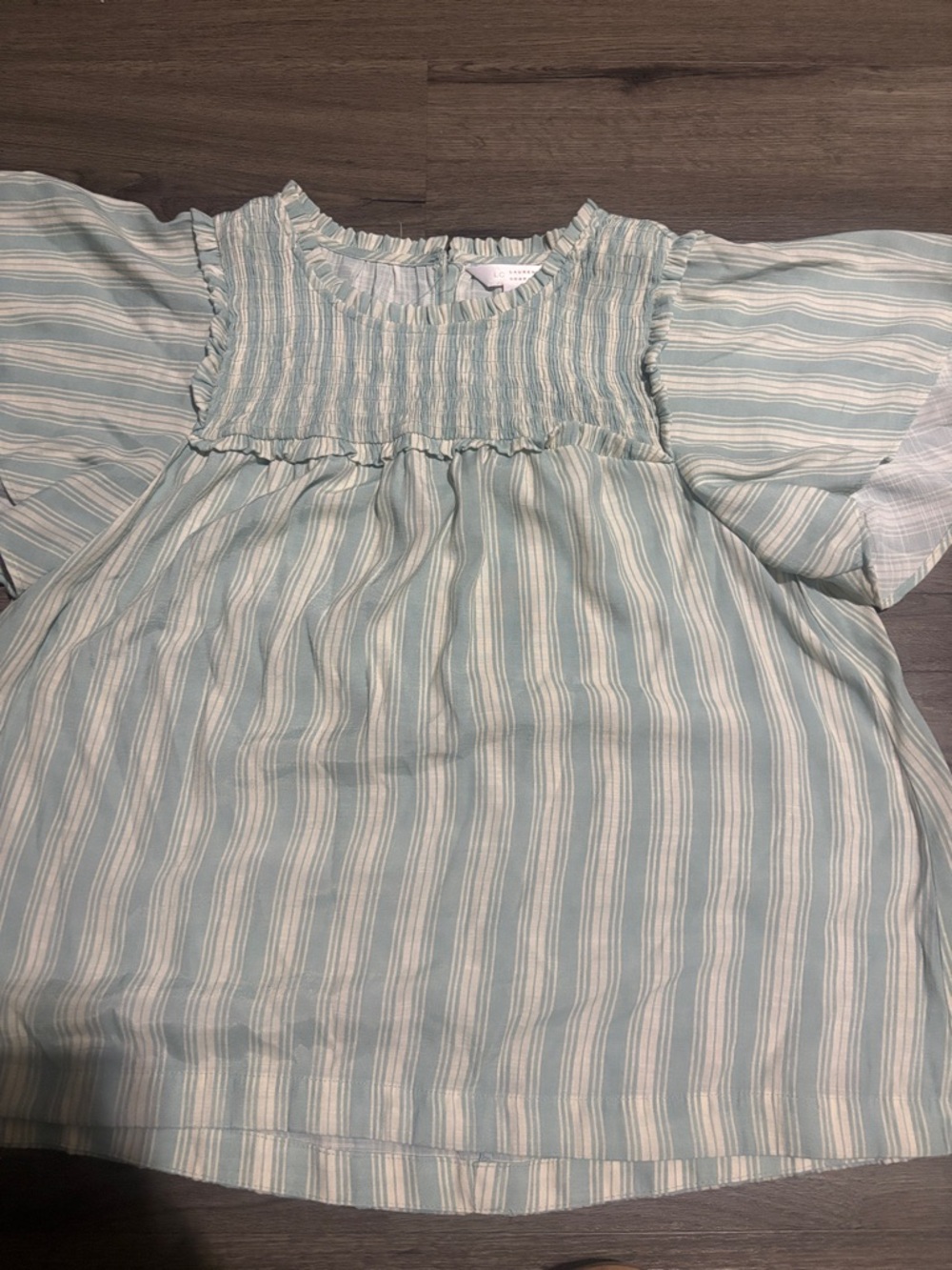 LC Lauren Conrad Pale Aqua and White Striped Short Sleeve Peasant Top